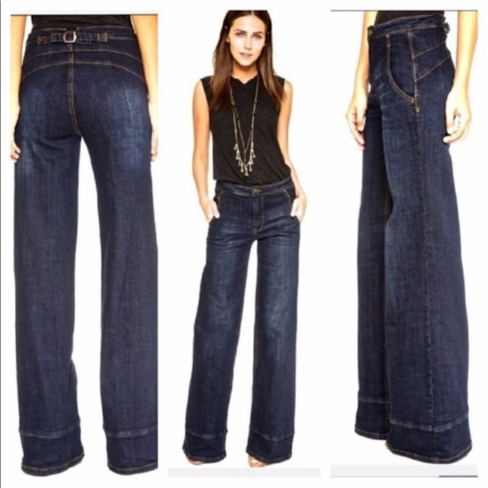 Free People Bewick High Waisted Bell Bottom Wide Leg Jeans Dark Wash